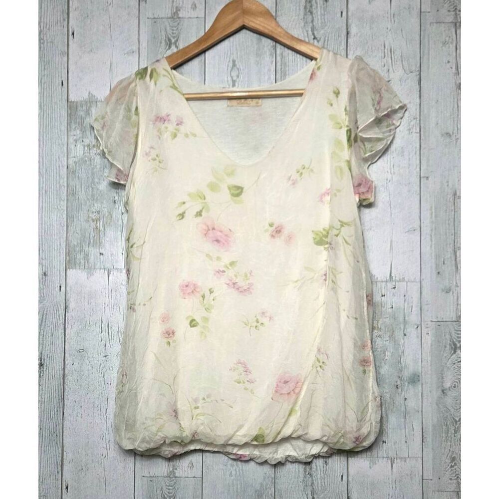 Giusy Italy 100% Silk V-Neck Flutter Sleeve Ethereal Floral Fairycore Top Sz. S